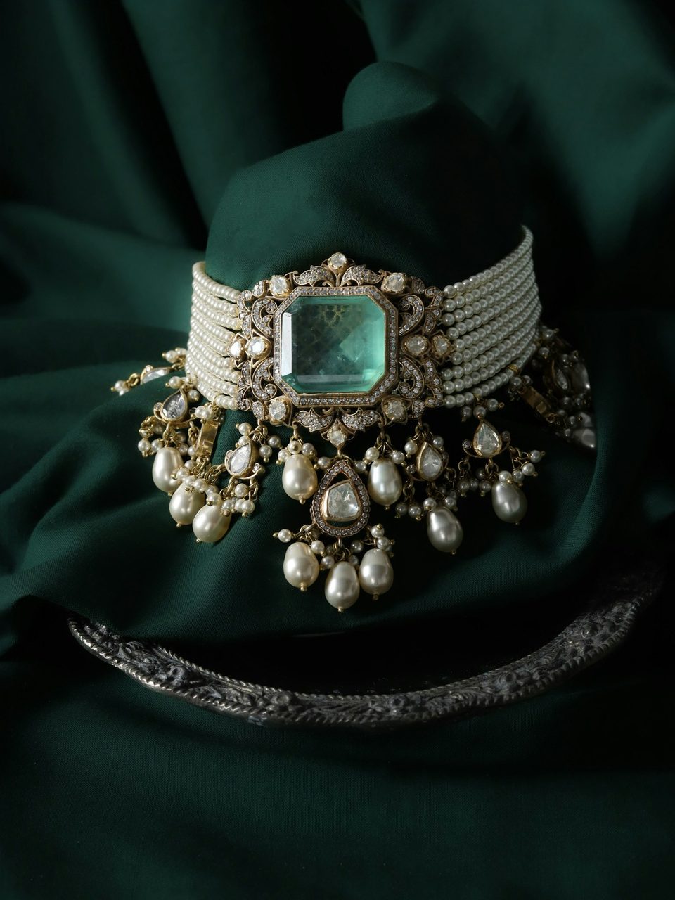 A pearl and stone choker on dark green velvet