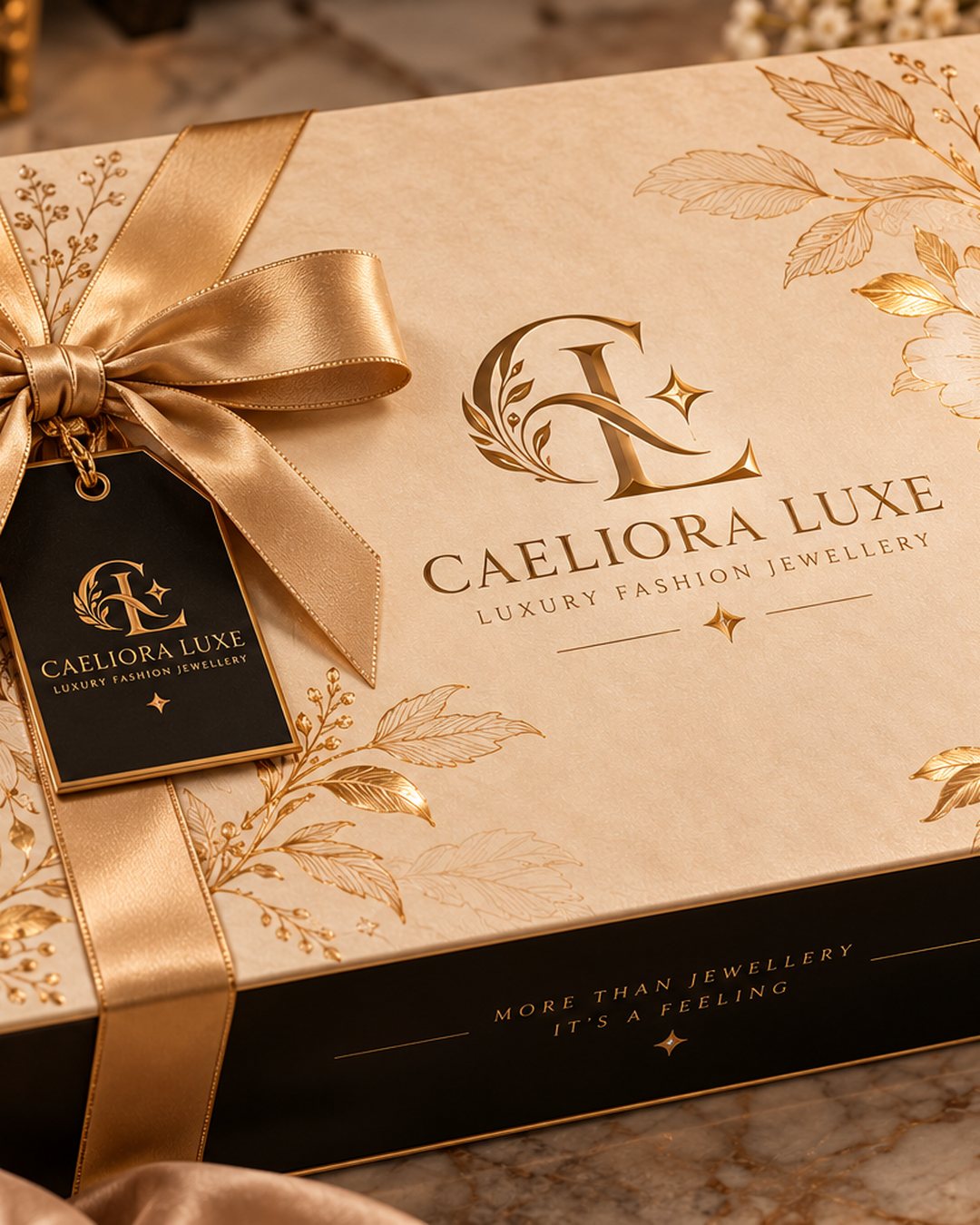 A CAELIORA LUXE gift box tied with a champagne satin ribbon