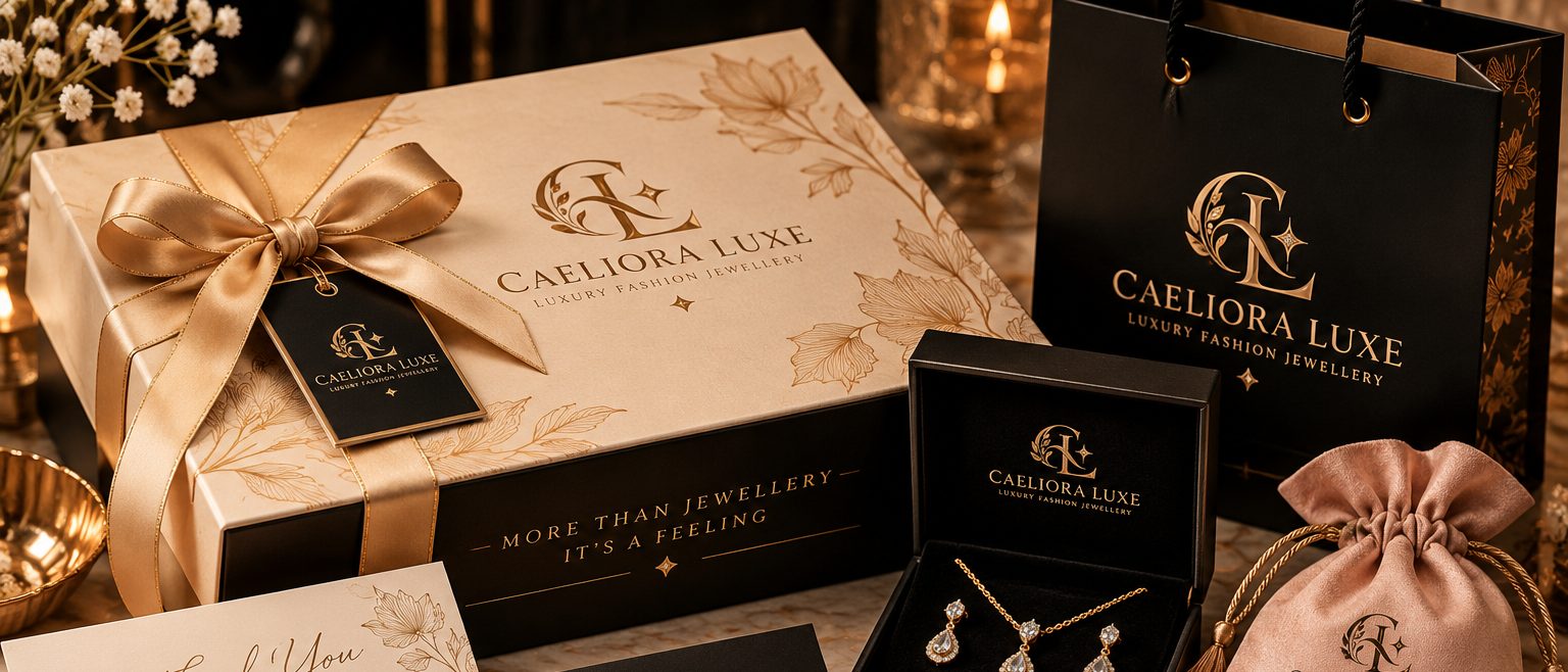CAELIORA LUXE gift packaging: a ribboned box, a jewellery case and a shopping bag